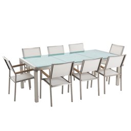 Gartenmöbel Set Weiß Sicherheitsglas Edelstahl Tisch 220 cm 8 Stühle Terrasse Outdoor Modern