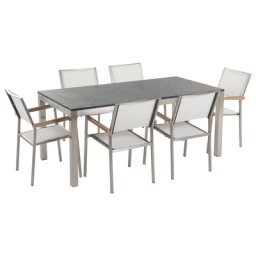 Gartenmöbel Set Schwarz Weiß Granit Edelstahl Tisch 180 cm Poliert 6 Stühle Terrasse Outdoor Modern