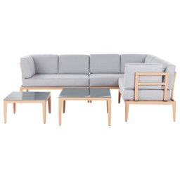Lounge Set Heller Holzfarbton u. Grau Aluminium mit Auflagen zwei Tische für 6 Personen Garten Terrasse Balkon