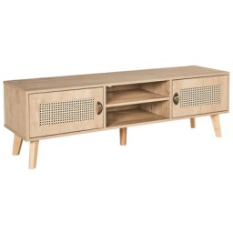 TV Möbel Heller Holzfarbton mit Rattan Fronten 2 offene Fächer 39 x 45 x 140 cm Multifunktional Wohnzimmer Boho Stil