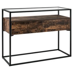 Konsolentisch Dunkler Holzfarbton und Schwarz MDF-Platte Sicherheitsglas Metallgestell 2 Schubladen Rechteckig Schmal Schlafzimmer Wohnzimmer