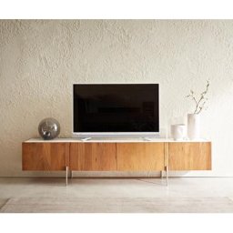 DELIFE Lowboard Secara 200 cm Akazie Natur 4 Türen Marmor Füße Edelstahl, Lowboards