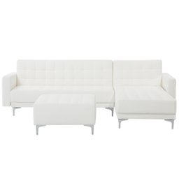 Ecksofa Weiß Kunstleder L-Förmig Linksseitig Schalffunktion Klassisch Ottomane Wohnzimmer
