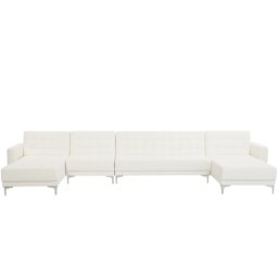 Sofa Weiß Kunstleder U-Förmig Wohnlandschaft Schlaffunktion Klassisch Wohnzimmer