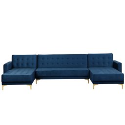 Ecksofa Dunkelblau Samtstoff U-Förmig Schlaffunktion Klassisch Wohnzimmer