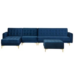 Sofa Dunkelblau Samtstoff L-Förmig Rechtsseitig Schlaffunktion Klassisch Ottomane Wohnzimmer