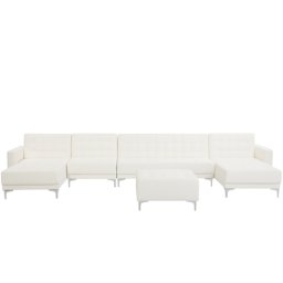 Sofa Weiß Kunstleder U-Förmig Wohnlandschaft Schlaffunktion Klassisch Ottomane Wohnzimmer