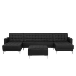 Sofa Schwarz Kunstleder U-Förmig Schalffunktion Klassisch Ottomane Wohnzimmer