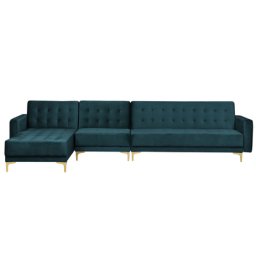 Sofa Grün Samtstoff L-Förmig Rechtsseitig Schlaffunktion Klassisch Wohnzimmer