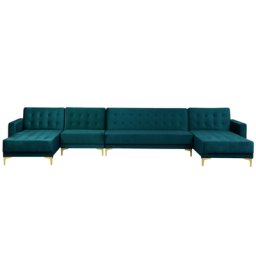 Sofa Grün Samtstoff U-Förmig Wohnlandschaft Schlaffunktion Klassisch Wohnzimmer