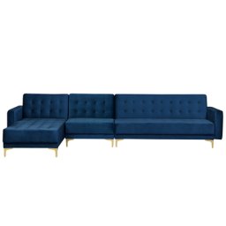 Sofa Dunkelblau Samtstoff L-Förmig Rechtsseitig Schlaffunktion Klassisch Wohnzimmer