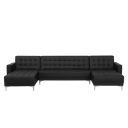 Sofa Schwarz Kunstleder U-Förmig Schalffunktion Klassisch Wohnzimmer