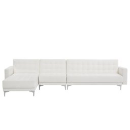 Ecksofa Weiß Kunstleder L-Förmig Rechtsseitig Schalffunktion Klassisch Wohnzimmer