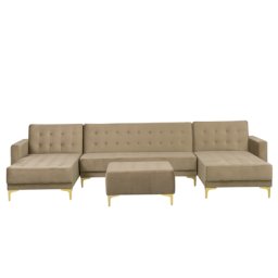 Ecksofa Beige Samtstoff U-Förmig Schlaffunktion Klassisch Ottomane Wohnzimmer