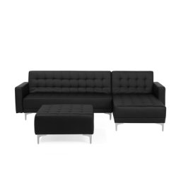Ecksofa Schwarz Kunstleder L-Förmig Linksseitig Schalffunktion Klassisch Ottomane Wohnzimmer