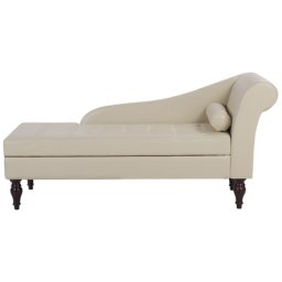 Chaiselongue Hellbeige Kunstleder mit Zierkissen Bettkasten rechtsseitig Liegefläche mit Steppbezug Glamour Look