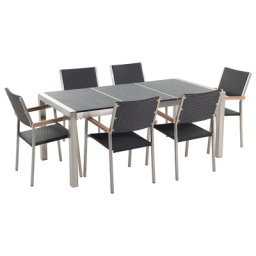 Gartenmöbel Set Schwarz Granit Edelstahl Tisch 180 cm mit 3 Platten Geflammt 6 Rattanstühle Terrasse Outdoor Modern