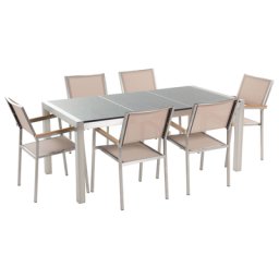Gartenmöbel Set Grau Beige Granit Edelstahl Tisch 180 cm Poliert 6 Stühle Terrasse Outdoor Modern