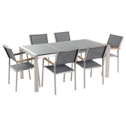 Gartenmöbel Set Grau Granit Edelstahl Tisch 180 cm Poliert 6 Stühle Terrasse Outdoor Modern
