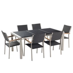 Gartenmöbel Set Schwarz Granit Edelstahl Tisch 180 cm Poliert 6 Rattanstühle Terrasse Outdoor Modern