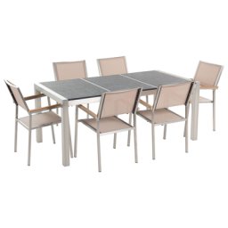 Gartenmöbel Set Schwarz Beige Granit Edelstahl Tisch 180 cm Geflammt 6 Stühle Terrasse Outdoor Modern