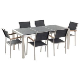 Gartenmöbel Set Schwarz Granit Edelstahl Tisch 180 cm mit 3 Platten Geflammt 6 Stühle Terrasse Outdoor Modern