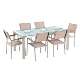 Gartenmöbel Set Beige Sicherheitsglas Edelstahl Tisch 180 cm 6 Stühle Terrasse Outdoor Modern