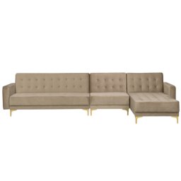 Sofa Beige Samtstoff L-Förmig Linksseitig Schlaffunktion Klassisch Wohnzimmer
