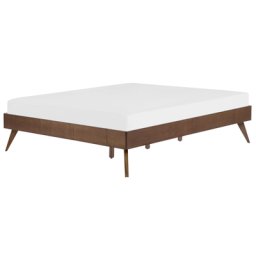 Doppelbett Braun MDF-Platte Holzoptik mit Lattenrost 140 x 200 cm hohen Beinen Gummibaumholz ohne Kopfteil Klassisch Schlafzimmer Bettrahmen