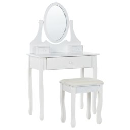 Schminktisch Weiß MDF-Platte mit Holzbeinen Ovalem Spiegel 3 Schubladen Hocker Glamour für Erwachsene Schlafzimmer Jugendzimmer