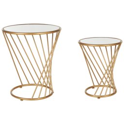 Couchtisch 2er Set Gold Glasplatte Spiegeleffekt Rund Metallgestell 2-Satz-Tisch Verschiedene Höhen Glamour Elegant Wohnzimmer Schlafzimmer