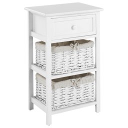 Nachttisch Weiß und Beige MDF-Platte aus Paulowniaholz Halbhoch mit 2 Körben 1 Schublade Landhausstil Kommode für Schlafzimmer Wohnzimmer Flur