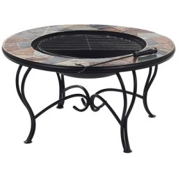 Feuerstelle Bunt Stahl Rund mit Fliesen Schürhaken Couchtisch-Funktion Funkenschutzhaube Grill- und Holzrost Modernes Design