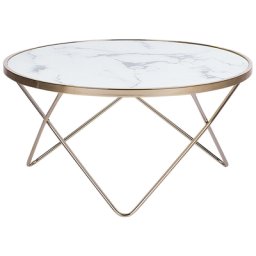 Couchtisch Weiß Gold Sicherheitsglas Metall 40 x 80 cm V förmigen Füße Glänzend Marmor Optik Rund Modern