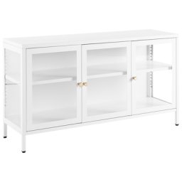 Metallschrank Weiß Stahl mit Glasfront 35 x 115 x 65 cm Sideboard mit Griffen 3 Türen 2 Regalböden Wohnzimmer Büro Arbeitszimmer Flur Bad