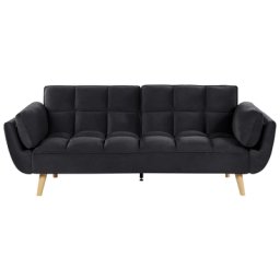 Schlafsofa 3-Sitzer Samtstoff Schwarz Schlaffunktion Retro Design Zierkissen Wohnzimmer
