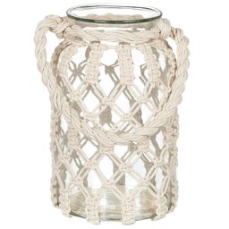 Laterne Cremeweiß Glas und Baumwolle Makramee 31 cm mit Henkel Griff Deko Wohnzimmer Schlafzimmer Wohnaccessoires Dekoartikel Tischdekoration