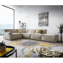 DELIFE Ecksofa Basit 380x225 cm Chenille Beige Ottomane links mit Hocker, Ecksofas