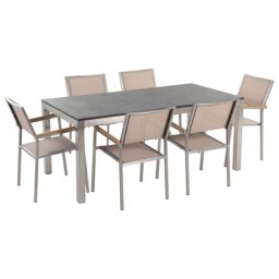 Gartenmöbel Set Beige Schwarz Granit Edelstahl Tisch 180 cm Geflammt 6 Stühle Terrasse Outdoor Modern