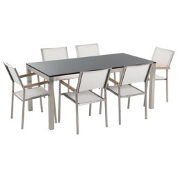Gartenmöbel Set Schwarz Weiß Granit Edelstahl Tisch 180 cm Geflammt 6 Stühle Terrasse Outdoor Modern