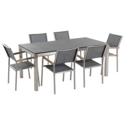 Gartenmöbel Set Schwarz Granit Edelstahl Tisch 180 cm Geflammt 6 Stühle Terrasse Outdoor Modern