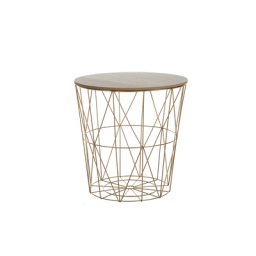 Beistelltisch Gitteroptik Hellbraun Gold 40 x 40 cm MDF Platte Pulverbeschichtetes Metall Metallkorb Multifunktional Rund Modern