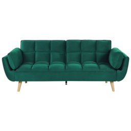 Schlafsofa 3-Sitzer Samtstoff Grün Schlaffunktion Retro Design Zierkissen Wohnzimmer