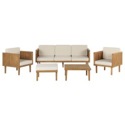 Lounge Set Hellbraun Akazienholz 5-teilig für 5 Personen mit Auflagen Creme Stoff Couchtisch Fußhocker 3er Sofa 2 Sessel Outdoor Garten