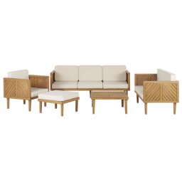 Lounge Set Hellbraun Akazienholz 5-teilig für 6 Personen mit Auflagen Creme Stoff Couchtisch Fußhocker 2 Sofas Sessel Outdoor Terrasse Garten