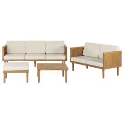 Lounge Set Hellbraun Akazienholz 4-teilig für 5 Personen mit Auflagen Creme Stoff Couchtisch Fußhocker 2er und 3er Sofa Outdoor Terrasse Garten