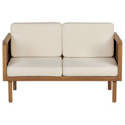 2-Sitzer Gartensofa Hellbraun Akazienholz mit Armlehnen Auflagen Creme Stoff Rustikal Modern Outdoor Terrasse Garten Balkon Möbel Außenbereich