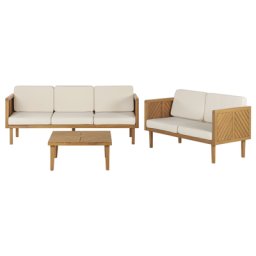 Lounge Set Hellbraun Akazienholz 3-teilig für 5 Personen mit Auflagen Creme Stoff Couchtisch 2er und 3er Sofa Outdoor Terrasse Garten