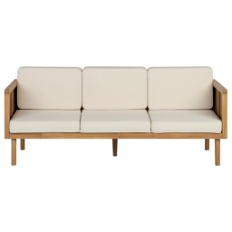 3-Sitzer Gartensofa Hellbraun Akazienholz mit Armlehnen Auflagen Creme Stoff Rustikal Modern Outdoor Terrasse Garten Balkon Möbel Außenbereich