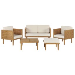Lounge Set Hellbraun Akazienholz 5-teilig für 4 Personen mit Auflagen Creme Stoff Couchtisch Fußhocker 2er Sofa 2 Sessel Outdoor Garten
